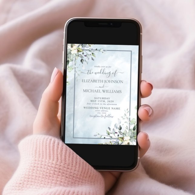 Dusty Blue Botanical Greenery Watercolor Script Invitation (Creator Uploaded)