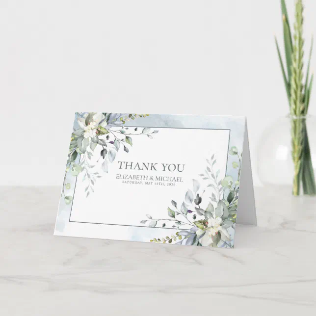 Dusty Blue Botanical Greenery Watercolor Thank You Card | Zazzle