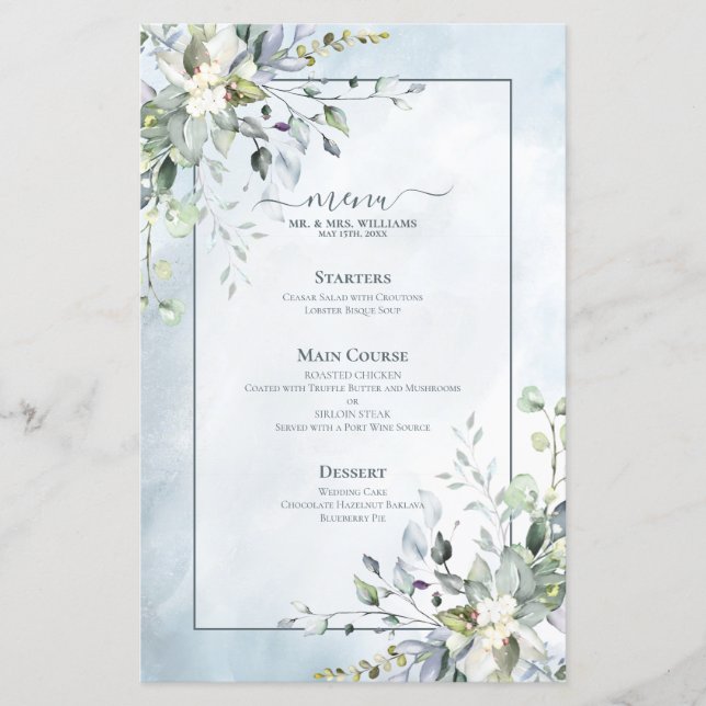 Dusty Blue Botanical Greenery Watercolor Wedding (Front)