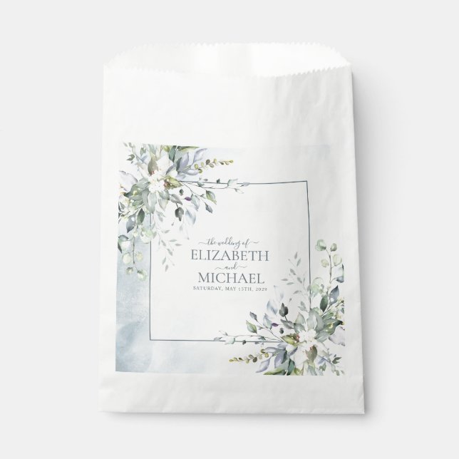 Dusty Blue Botanical Greenery Watercolor Wedding Favor Bag (Front)