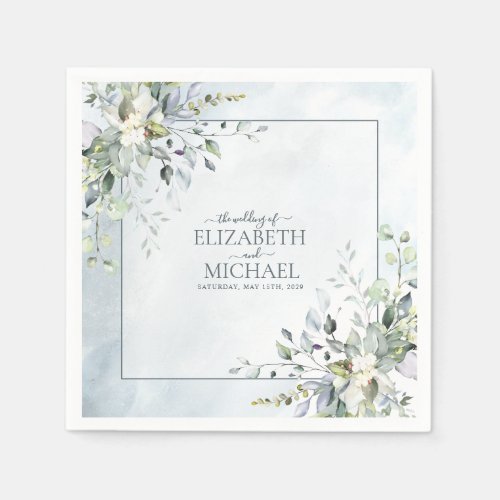 Dusty Blue Botanical Greenery Watercolor Wedding Napkins