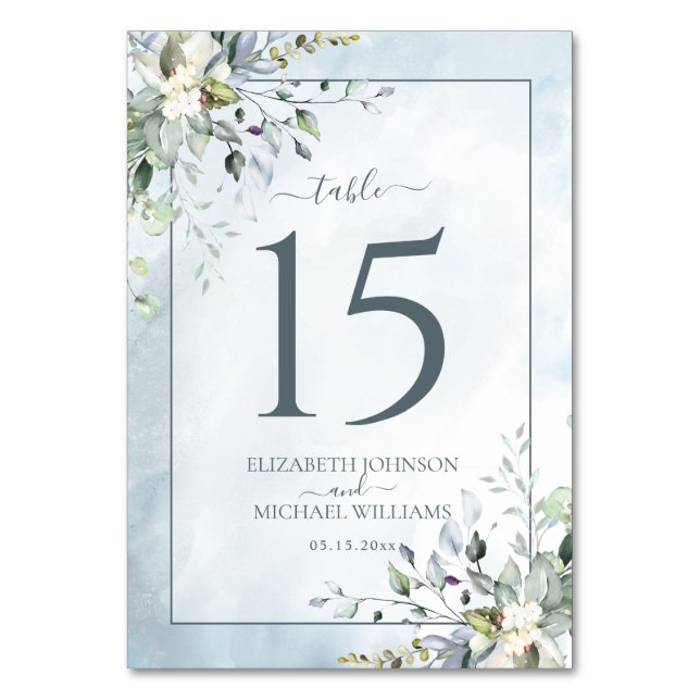 Dusty Blue Botanical Greenery Watercolor Wedding Table Number (Front)
