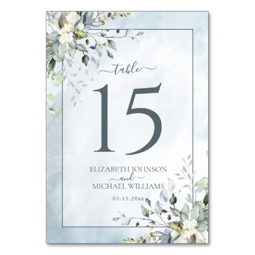 Dusty Blue Botanical Greenery Watercolor Wedding Table Number