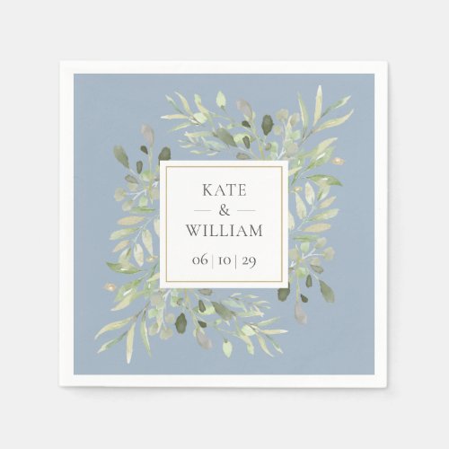 Dusty Blue Botanical Greenery Wedding Napkins