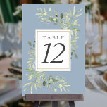 Dusty Blue Botanical Greenery Wedding  Table Number<br><div class="desc">Featuring delicate watercolour leaves on a dusty blue background,  these elegant botanical table numbers can be personalized by you. Designed by Thisisnotme©</div>