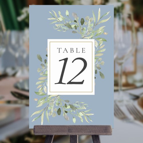 Dusty Blue Botanical Greenery Wedding  Table Number