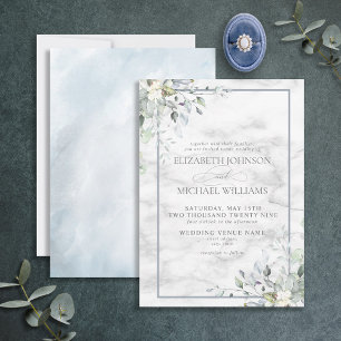 Dusty Blue Botanical Greenery White Marble Wedding Invitation