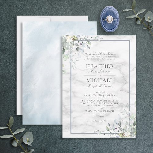 Dusty Blue Botanical Greenery White Marble Wedding Invitation