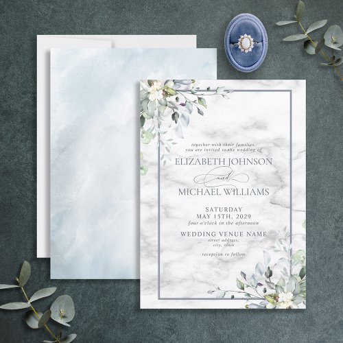 Dusty Blue Botanical Greenery White Marble Wedding Invitation