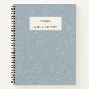 Dusty Blue Botanical Line Art Personalized Recipe Notebook