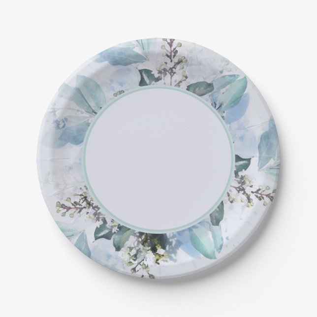 Dusty Blue Botanical Paper Plates (Front)