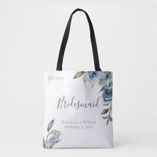 Dusty Blue Botanical Personalized Bridesmaid Tote Bag