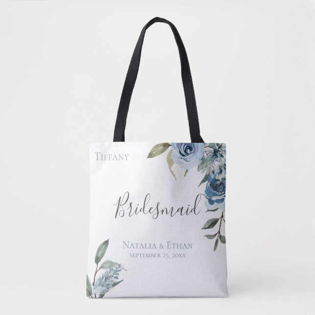 Dusty Blue Botanical Personalized Bridesmaid Tote Bag (Front)