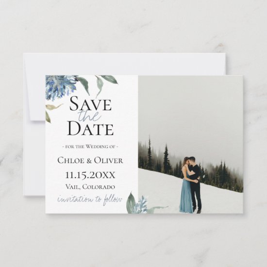 Dusty Blue Botanical Photo Save The Date Announcement
