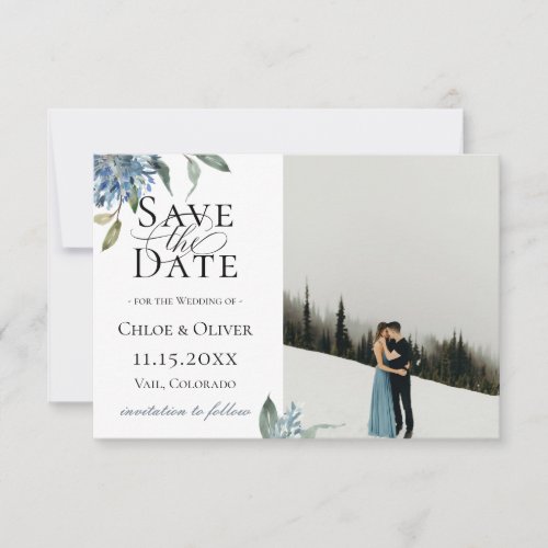 Dusty Blue Botanical Photo Save The Date Announcement