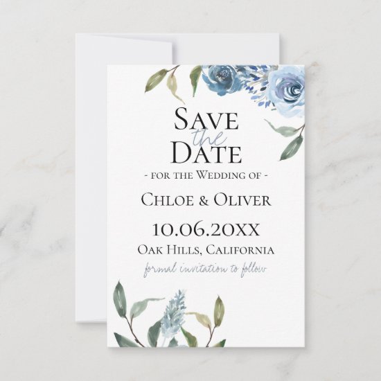 Dusty Blue Botanical Save The Date Announcement