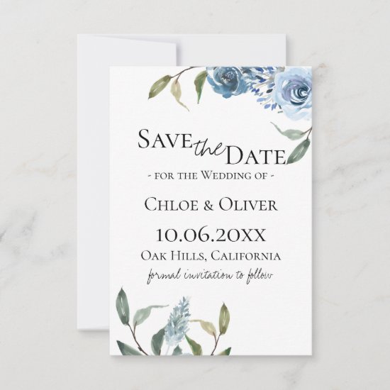 Dusty Blue Botanical Save The Date Announcement