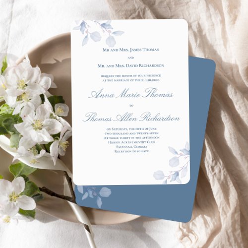 Dusty Blue Botanical Traditional Wedding Invite
