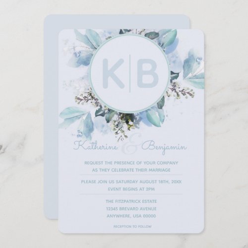 Dusty Blue Botanical Watercolor Monogrammed Invitation