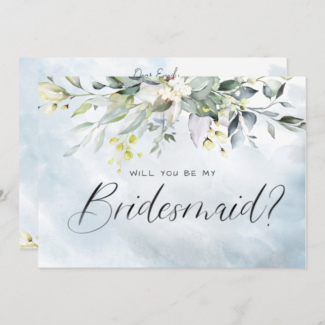 Dusty Blue Botanical Watercolor Script Bridesmaid Invitation (Front/Back)