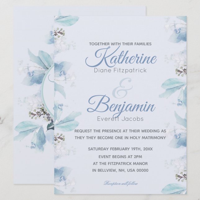 Dusty Blue Botanical Watercolor Wedding Invitation (Front/Back)
