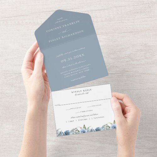 Dusty Blue Botanical Wedding All In One Invitation