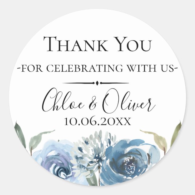 Dusty Blue Botanical Wedding Favor Classic Round Sticker (Front)
