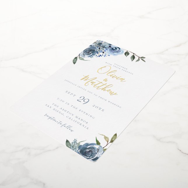 Dusty Blue Botanical Wedding Foil Invitation (Rotated)