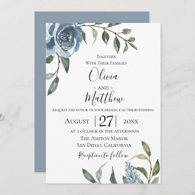 Dusty Blue Botanical Wedding Invitation (Front/Back)