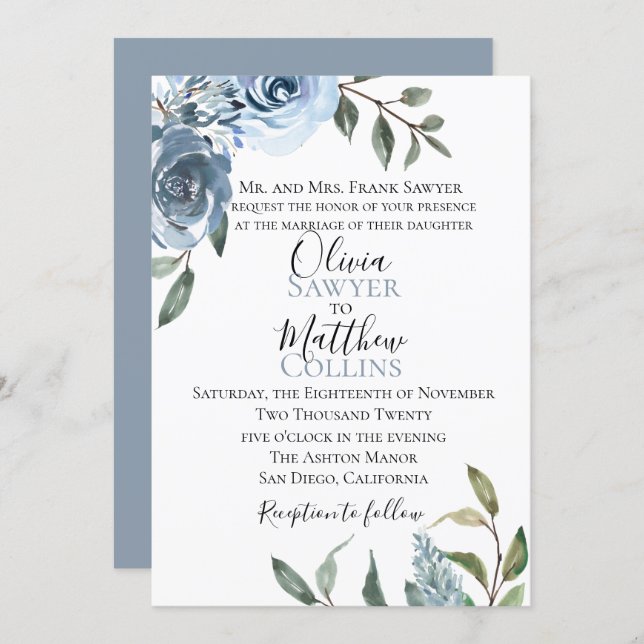 Dusty Blue Botanical Wedding Invitation (Front/Back)