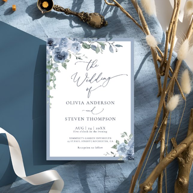 Dusty Blue Botanical Wedding Invitation (Creator Uploaded)