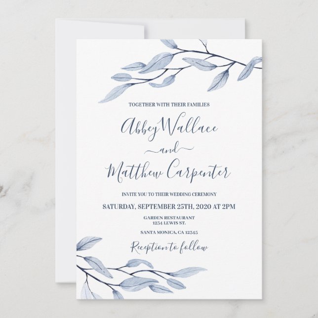 Dusty blue botanical wedding invitation (Front)