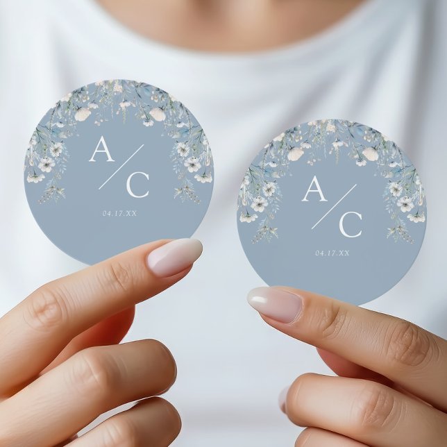Dusty Blue Botanical Wedding Monogram Design Classic Round Sticker (Creator Uploaded)