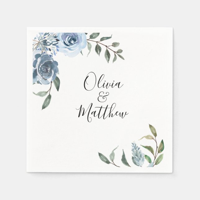 Dusty Blue Botanical Wedding Napkins (Front)