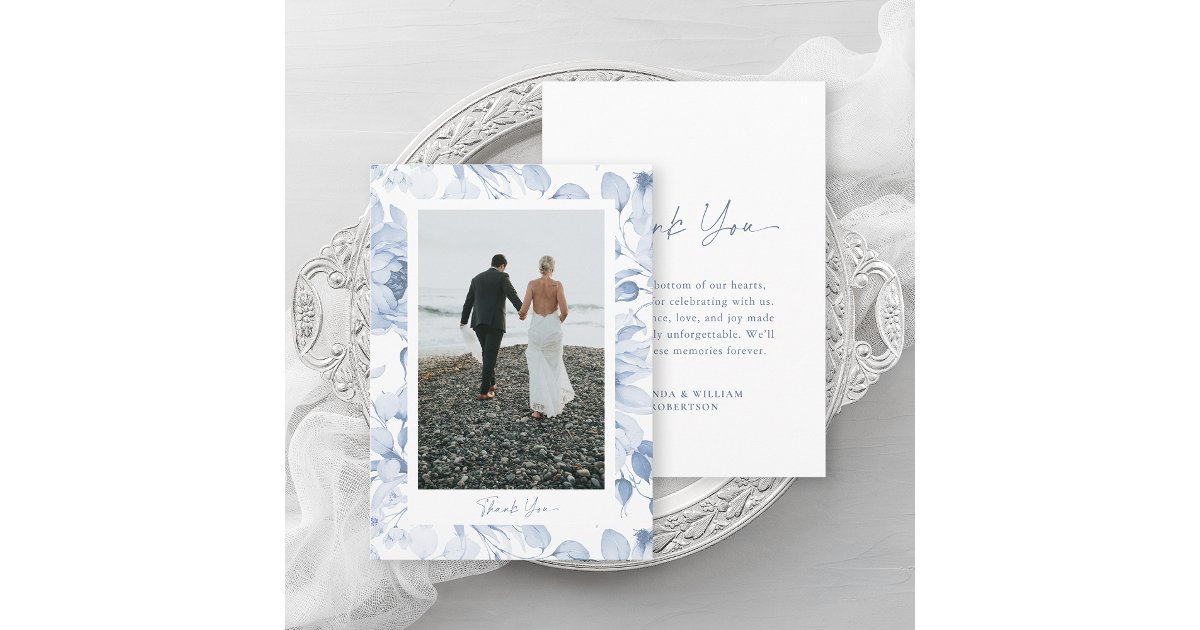 Dusty Blue Botanical Wedding Photo Thank You Card | Zazzle