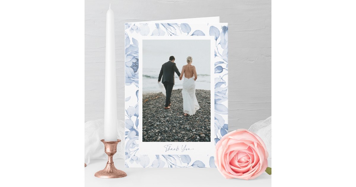 Dusty Blue Botanical Wedding Photo Thank You Card | Zazzle
