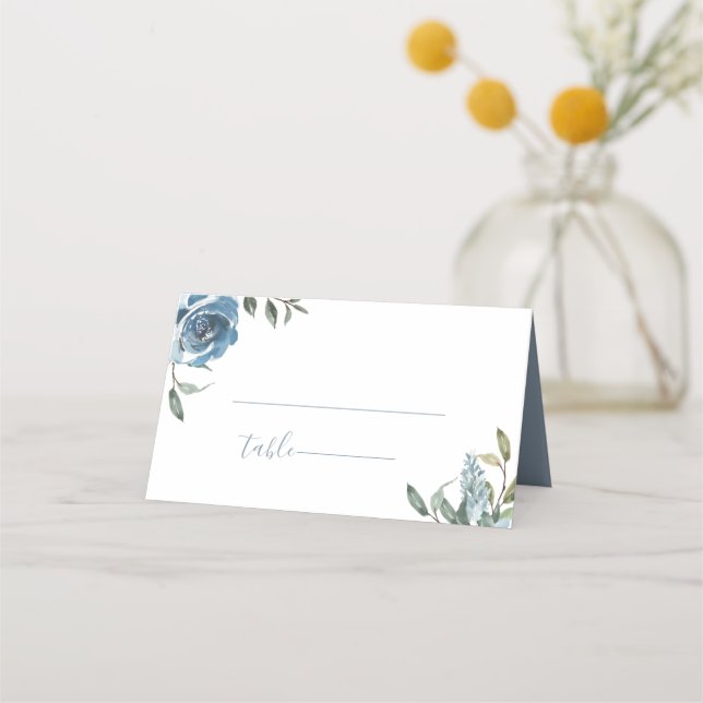 Dusty Blue Botanical Wedding Place Card (Front)