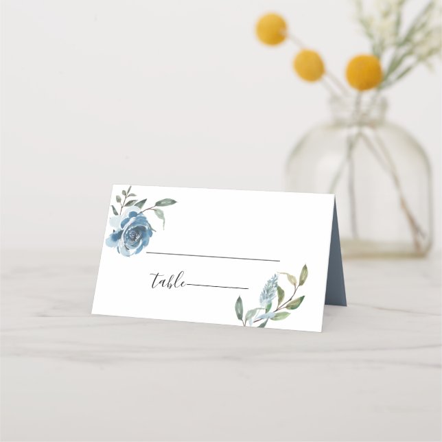 Dusty Blue Botanical Wedding Place Card (Front)