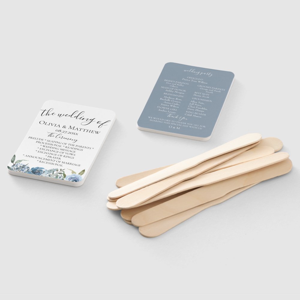 Disover Dusty Blue Botanical Wedding Program Hand Fan