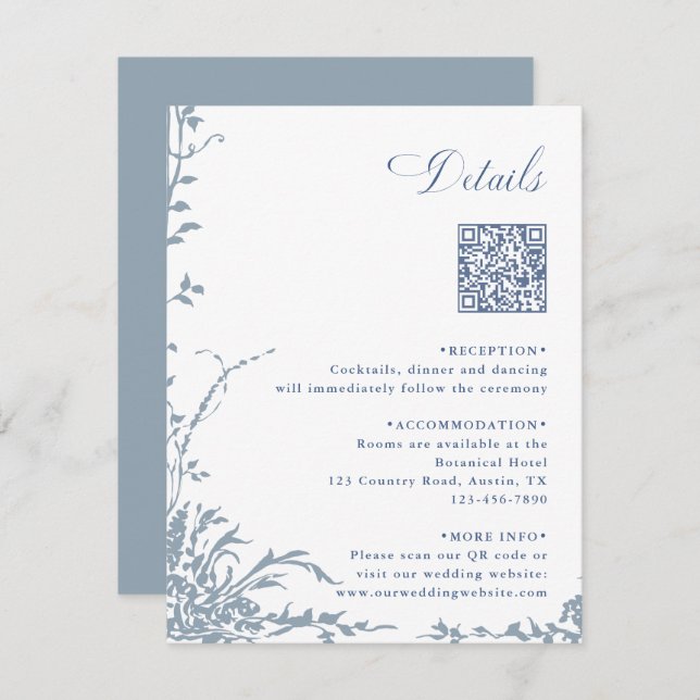 Dusty Blue Botanical Wedding QR Code Details Enclosure Card (Front/Back)