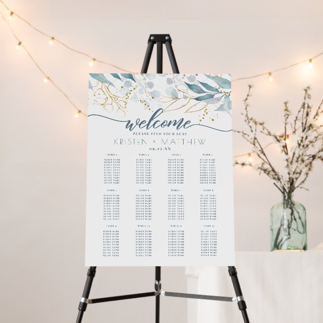 Dusty Blue Botanical Wedding Seating Chart Foam Board (In Situ (Stand))