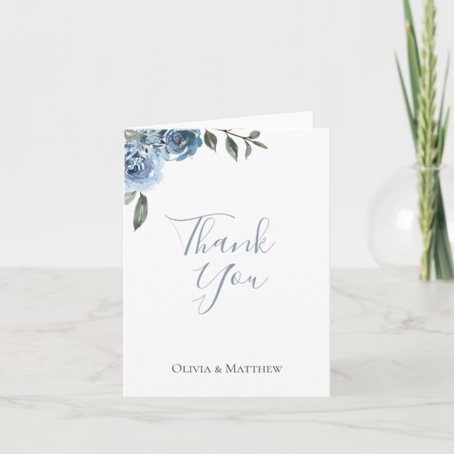 Dusty Blue Botanical Wedding Thank You Card (Front)