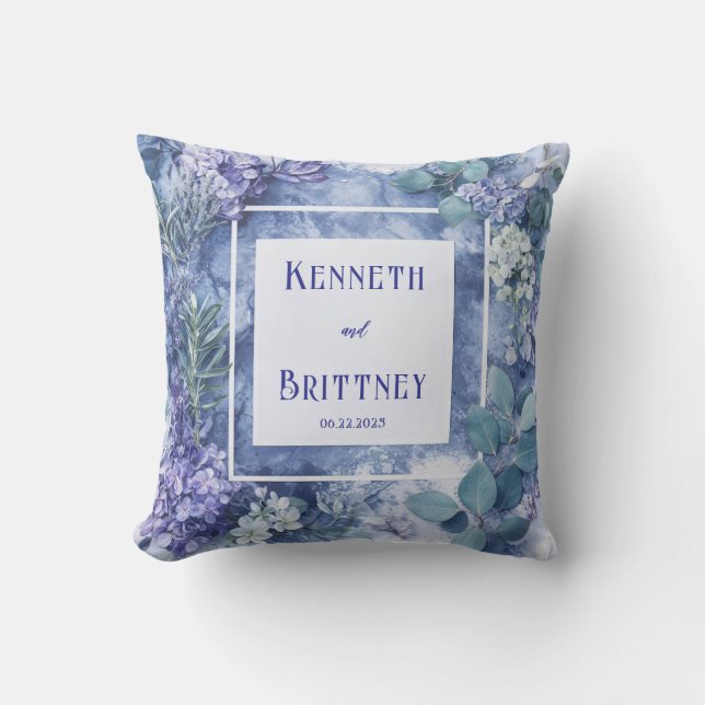 Dusty Blue Botanical Wedding with Greenery Throw Pillow (Front)