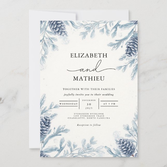 Dusty Blue Botanical Winter Wedding Invitation (Front)