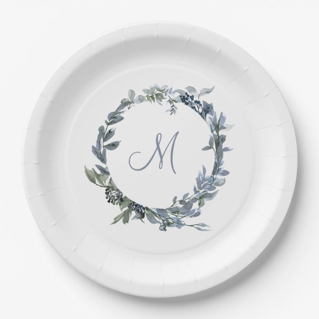 Dusty Blue Botanical Wreath Elegant Monogram Paper Plates (Front)