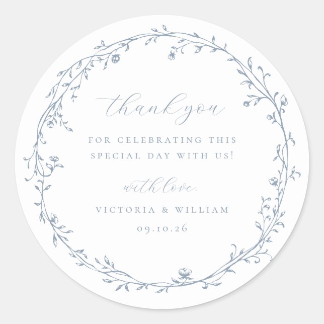 Dusty Blue Botanical Wreath Wedding Favor Classic Round Sticker (Front)