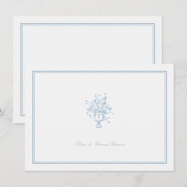 Dusty Blue Bouquet Classic Frame Wedding Couple Note Card (Front/Back)