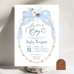 Dusty Blue Bow and Pearl Baby Shower Invitation