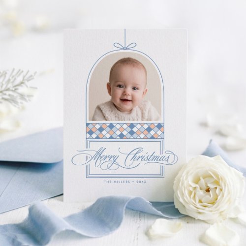Dusty Blue Bow Arch Ornament Christmas Photo Holiday Card