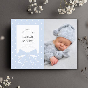 Dusty Blue Bow Baby Boy Photo Birth Announcement